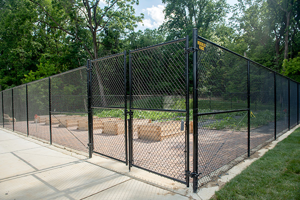 A small garden enclosed by a tall, black, chain-link fence. The garden contains rows of plants in the ground as well as six raised, wooden garden beds.
