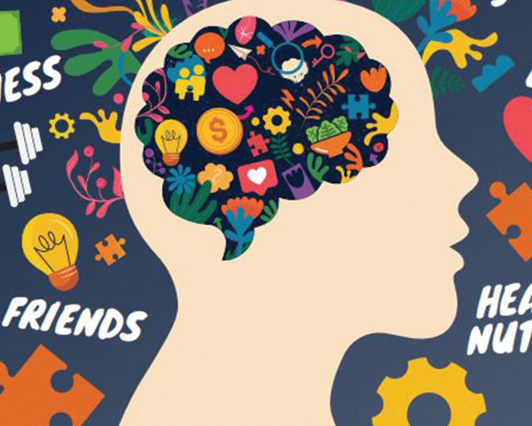 Graphic featuring a human head in silhouette, with a brain full of little cartoonish icons, including a heart, coin, puzzle piece, gear, lightbulb, salad, flower, key, and more.