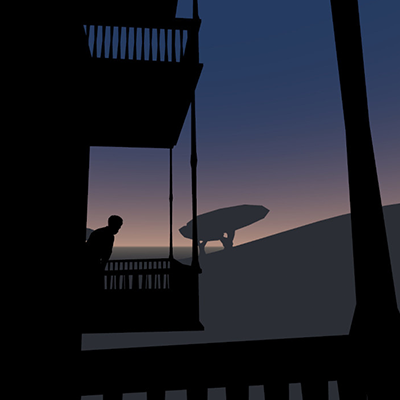 A dark setting of a person standing on a balcony overlooking the sunset, with rolling hills and a single tree in the distance.