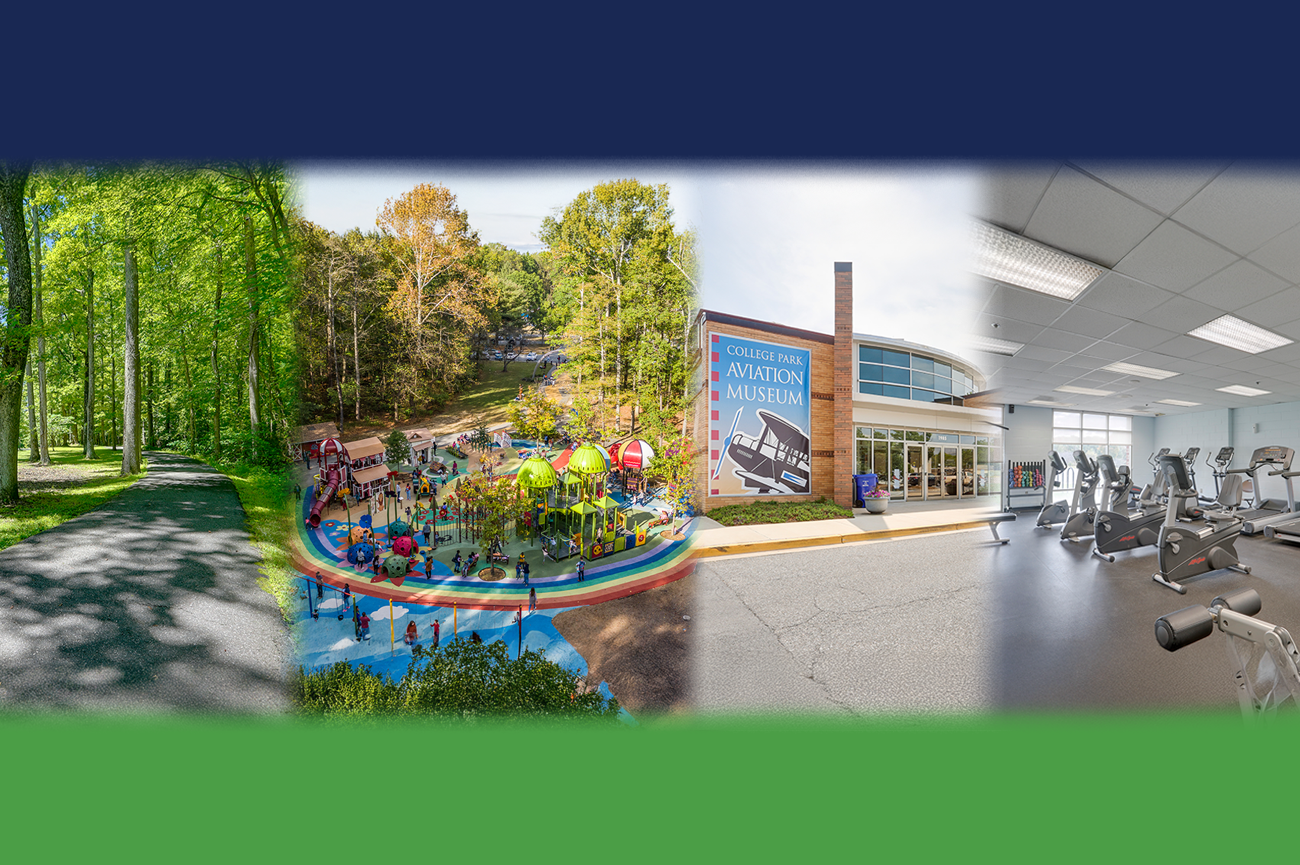 four images collaged together with burred edges leading into each other. There is an image of a trail, with lush green leaves and grass running alongside it. Another of a colorful playground from above, with huge trees, and dozens of people playing. Another of the front of an aviation museum, with a colorful banner of a plane. Lastly, a picture of a spacious gym with treadmills, bikes, and weights.