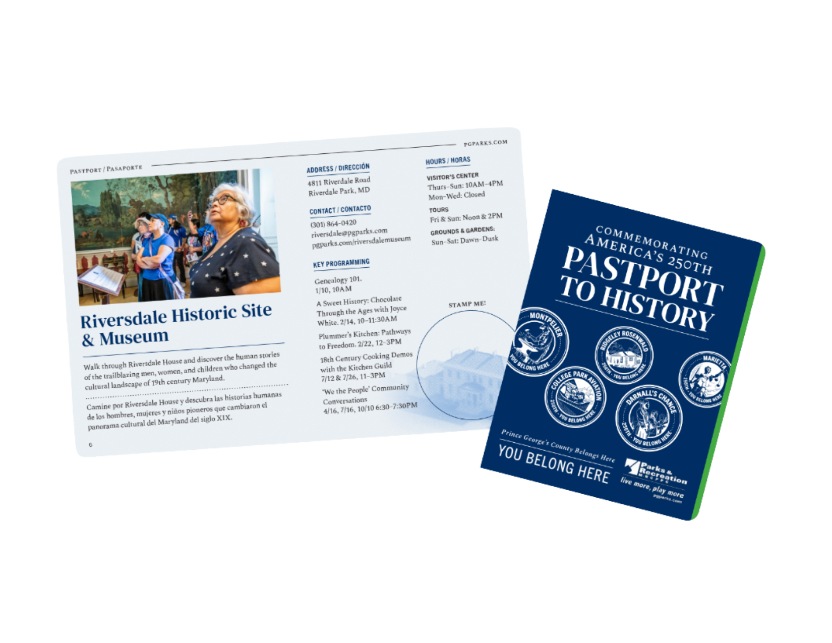 A picture sampling the the passport to history It features the address and hours of riversdale historic site and museam. It also includes a older woman looking at an exhibit