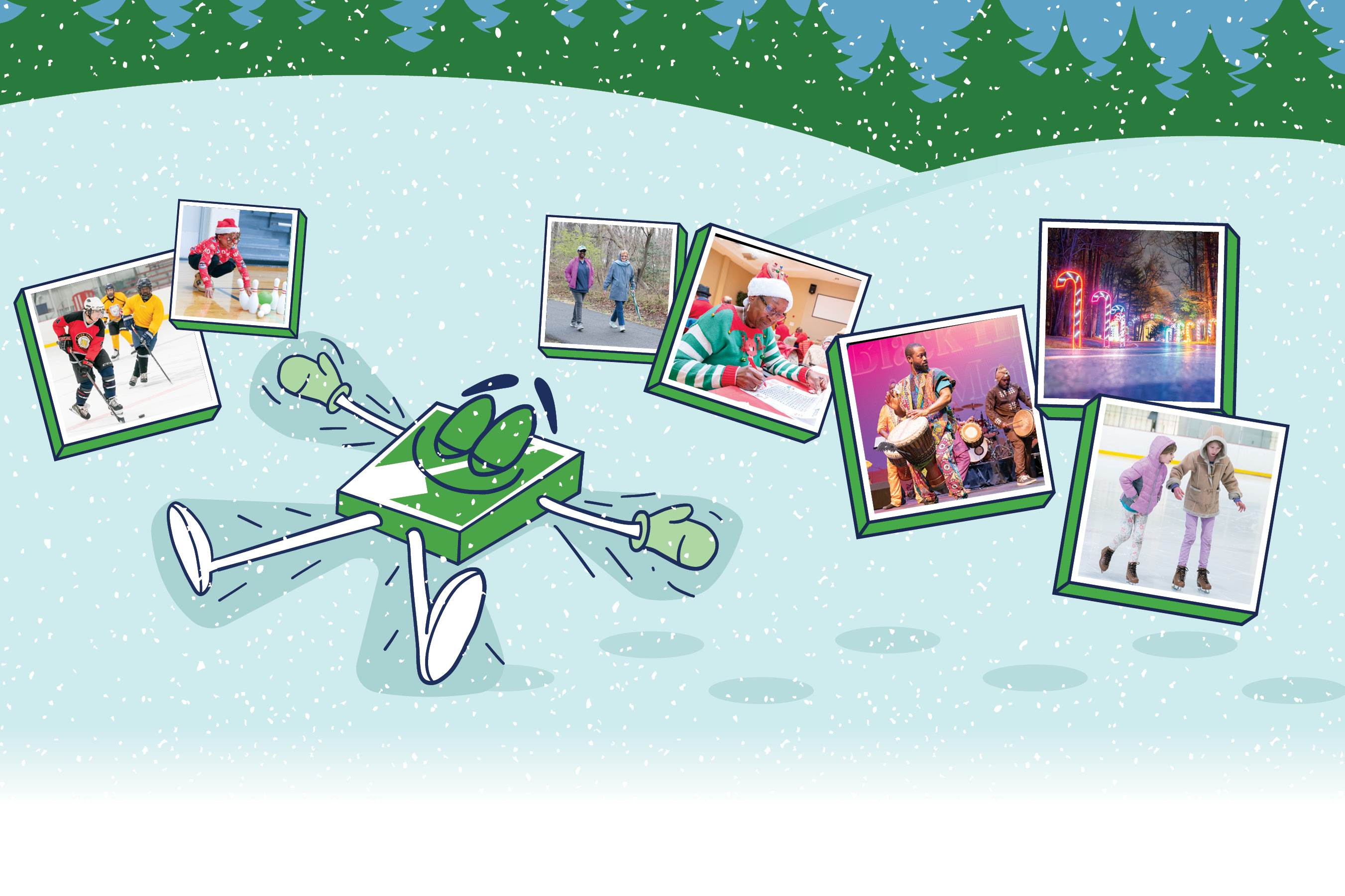 Winter Guide. FUN is making snow angels, surrounded by pictures of people doing winter activities