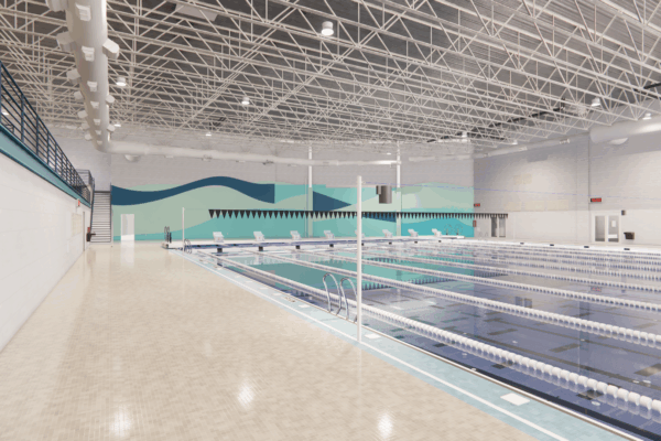 A 3d render of what indoor competition pool at the Prince George's County Sports and Learning Complex will look like at end of contruction