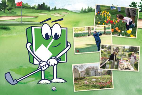 Banner graphic with a green and white cartoon mascot playing golf and four inset images of spring flowers and people enjoying outdoor events.