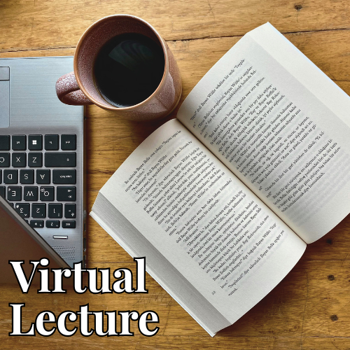 An overhead view of a table with a coffee cup sitting between a book and a laptop