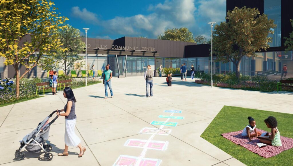 Architectural rendering of people on a concrete patio in front of a contemporary building with the words Good Luck Community Center over the entrance.