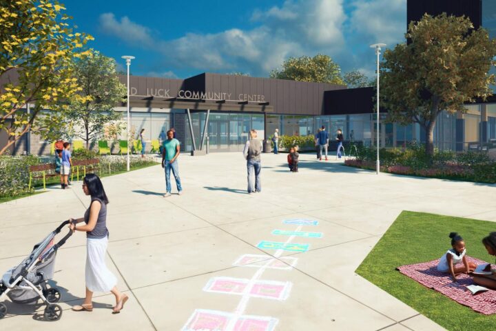 An three dimensional rendering of the planned front of Good Luck Community Center.