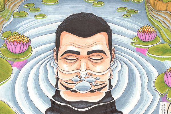 Mixed-media drawing of the top of a person's head sticking out of a pond, surrounded by lily pads and lotus blossoms.