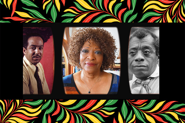Collage featuring photographs of Black literary greats Langston Hughes, Rita Dove, and James Baldwin, on a red, green, gold, and black-patterned background.