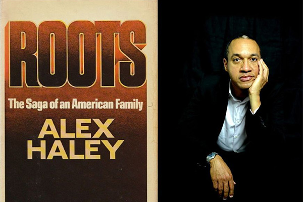 Composite graphic with side-by-side images of the cover of the book Roots by Alex Haley and a portrait of a man posing with his chin in his hand.