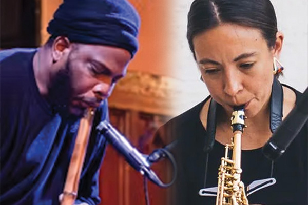 Composite image featuring a man playing a wooden flute combined with an image of a woman playing a saxophone.