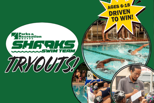 Promotional graphic for Sharks Swim Team tryouts featuring swimmers in a pool and a coach with participants.